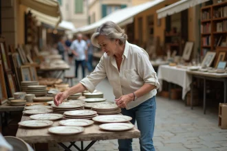 Femme examinant de vieilles céramiques sur une table de vide-grenier en Loire-Atlantique