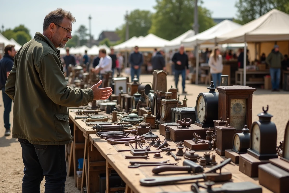 Vendeur présentant des objets anciens sur un stand de vide-grenier en plein air en France