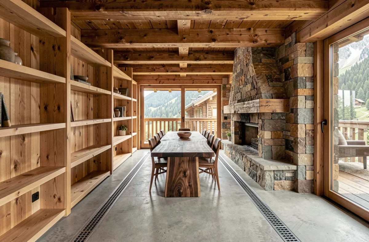 Intérieur de chalet alpin réalisé par Wood Stock Creation en Haute-Savoie, avec menuiserie en bois massif et cheminée en pierre